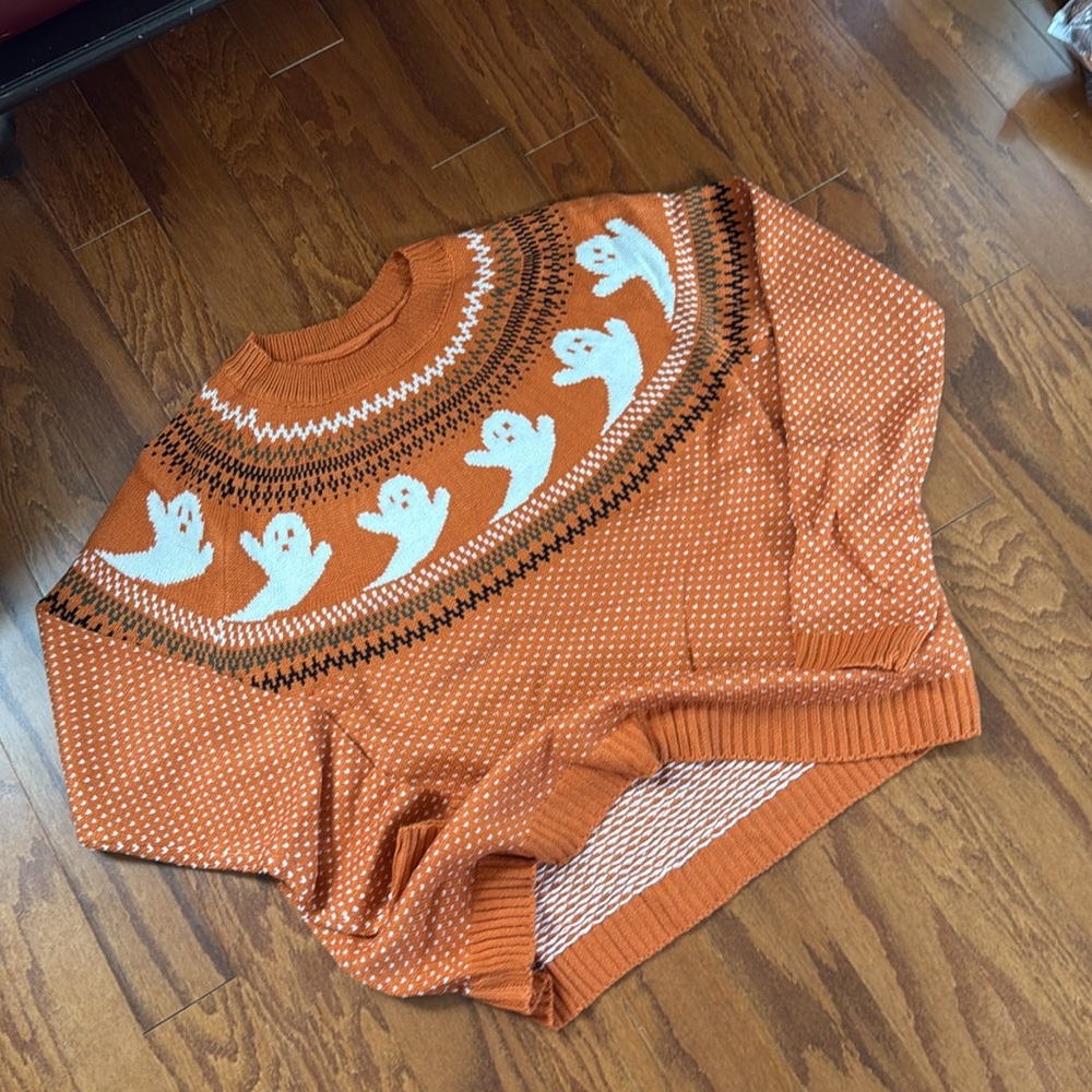 Retro Fair Isle Ghost Print Sweater Halloween - Picture 9 of 16